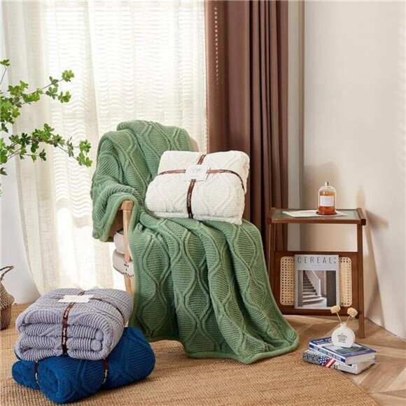 Ivory White Chenille Cable Knit Sherpa Throw Blanket Large 60 x 80 Inches - Picture 7 of 8